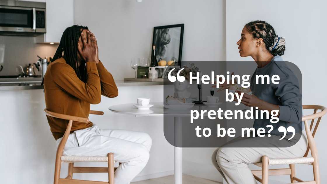 Two people sit at a table in a kitchen, arguing during a tense conversation. Two people sit at a table in a kitchen, arguing during a tense conversation.