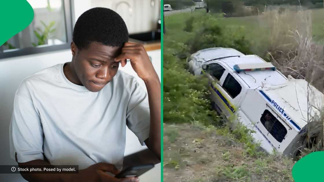 A police van swayed off the road and got into a deep hole while carrying suspects. A police van swayed off the road and got into a deep hole while carrying suspects.