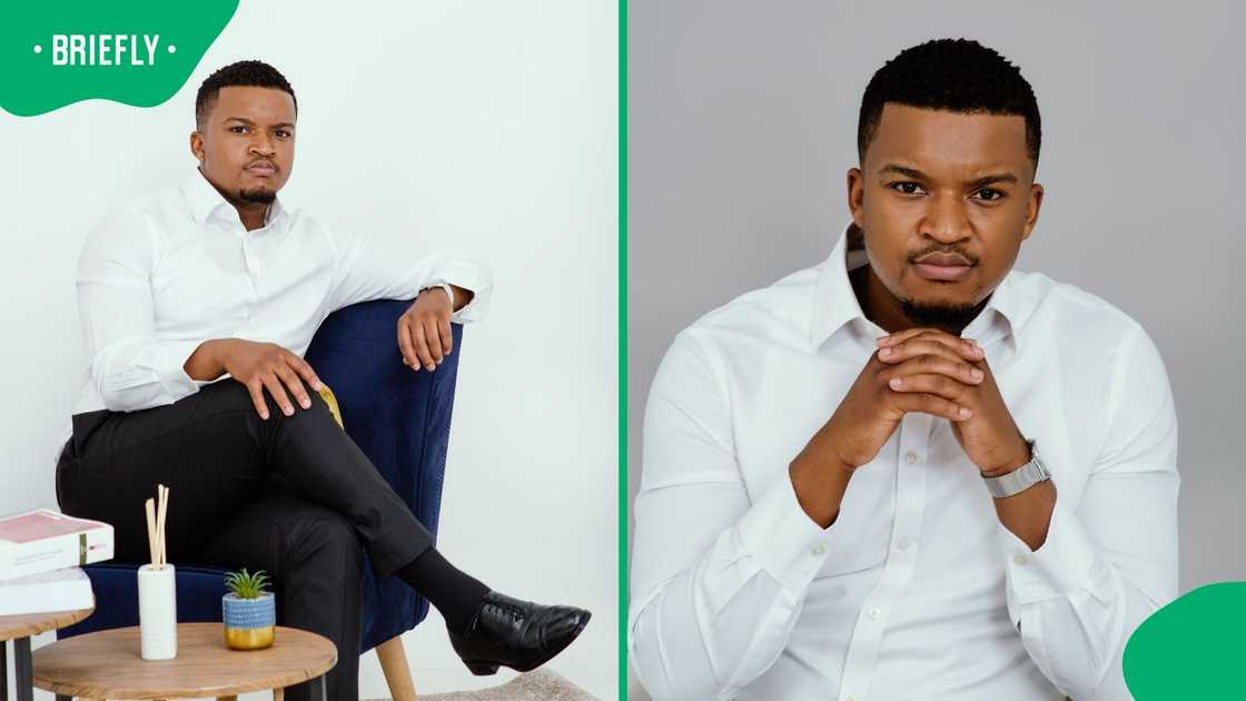 Mpho Montsho, co-founder of Techbridge Innovations, in a white button-down shirt seated in a full-body portrait on the left and a close-up portrait on the right. Mpho Montsho, co-founder of Techbridge Innovations, in a white button-down shirt seated in a full-body portrait on the left and a close-up portrait on the right.