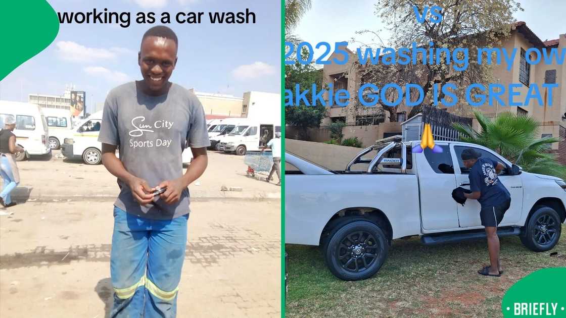 A photo showing his transformation from working at a car wash to owning a luxury car A photo showing his transformation from working at a car wash to owning a luxury car