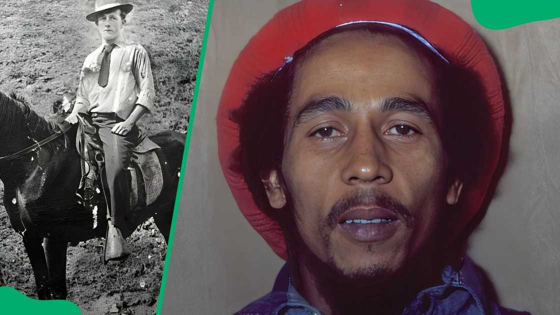 Norval Sinclair Marley riding a horse (L). Bob Marley at a hotel in London in 1978 (R)