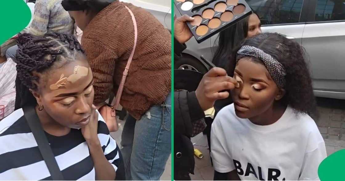 Women get their makeup done on Small Street. Women get their makeup done on Small Street.