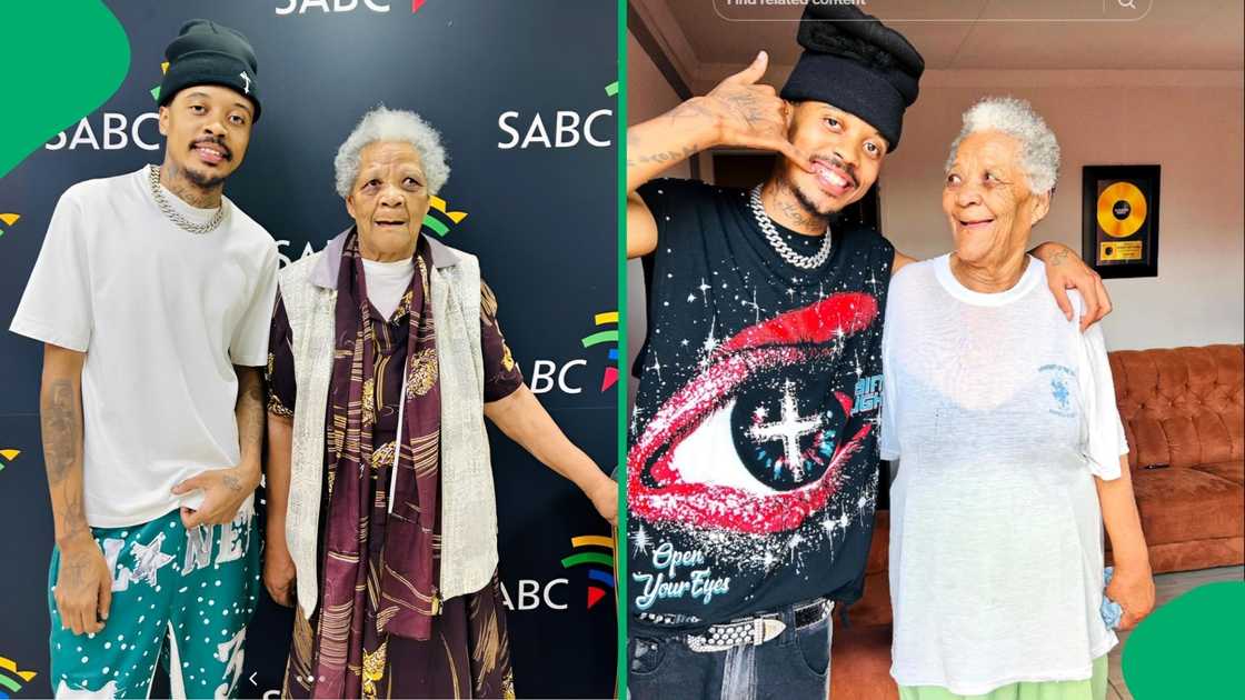 The grandson made sure gogo's infectious smile was captured as they sat behind the professional microphone for the first time