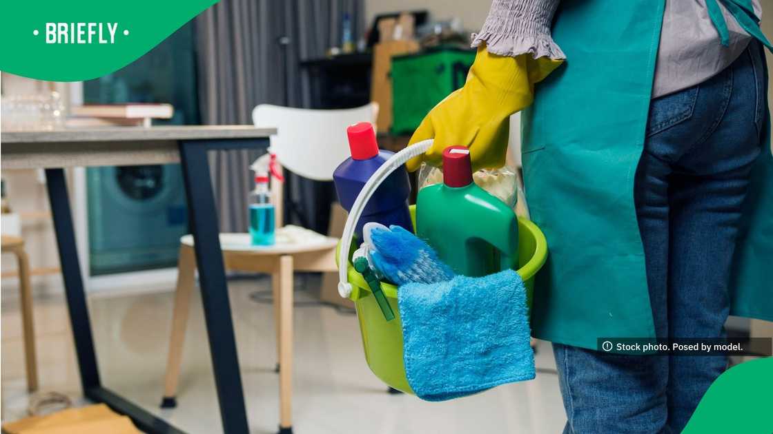 The domestic worker was holding cleaning products The domestic worker was holding cleaning products