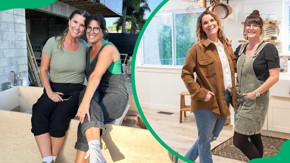 The Unsellable twins posing while sitting (L). Leslie Davis and Lyndsay Lamb posing with their hands in their pockets (R).