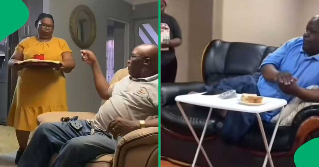 A TikTok video shows a woman pranking her husband with tea cups. A TikTok video shows a woman pranking her husband with tea cups.