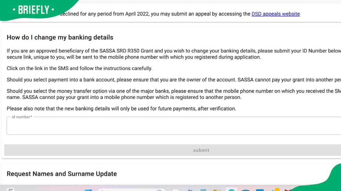 Screenshot of SASSA banking details update page