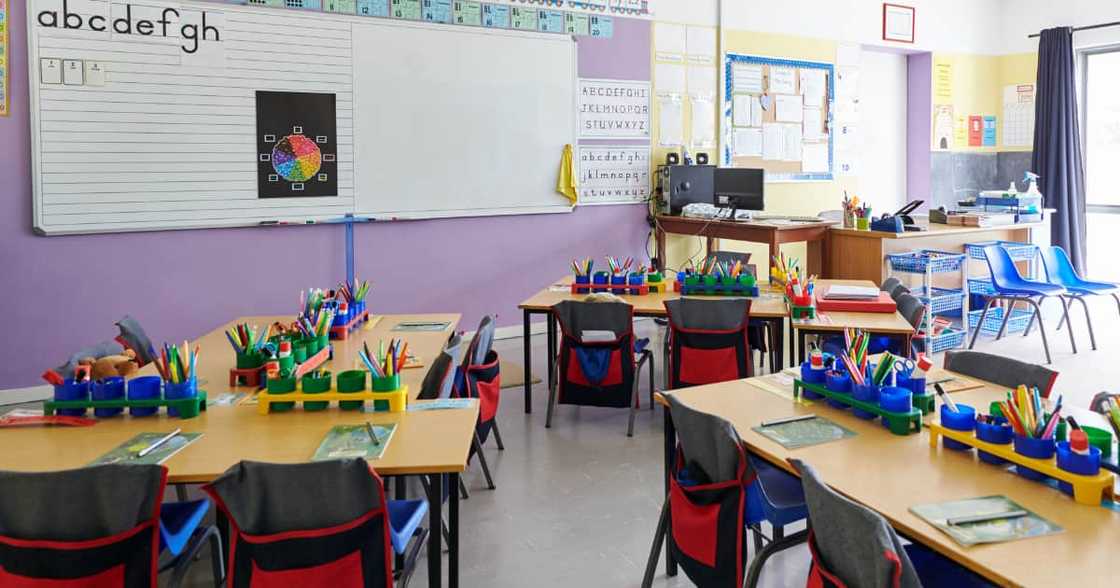 Empty classroom In primary school with whiteboard and desks