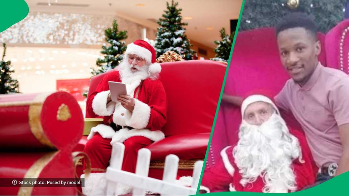 Men sit on Father Christmas' lap
