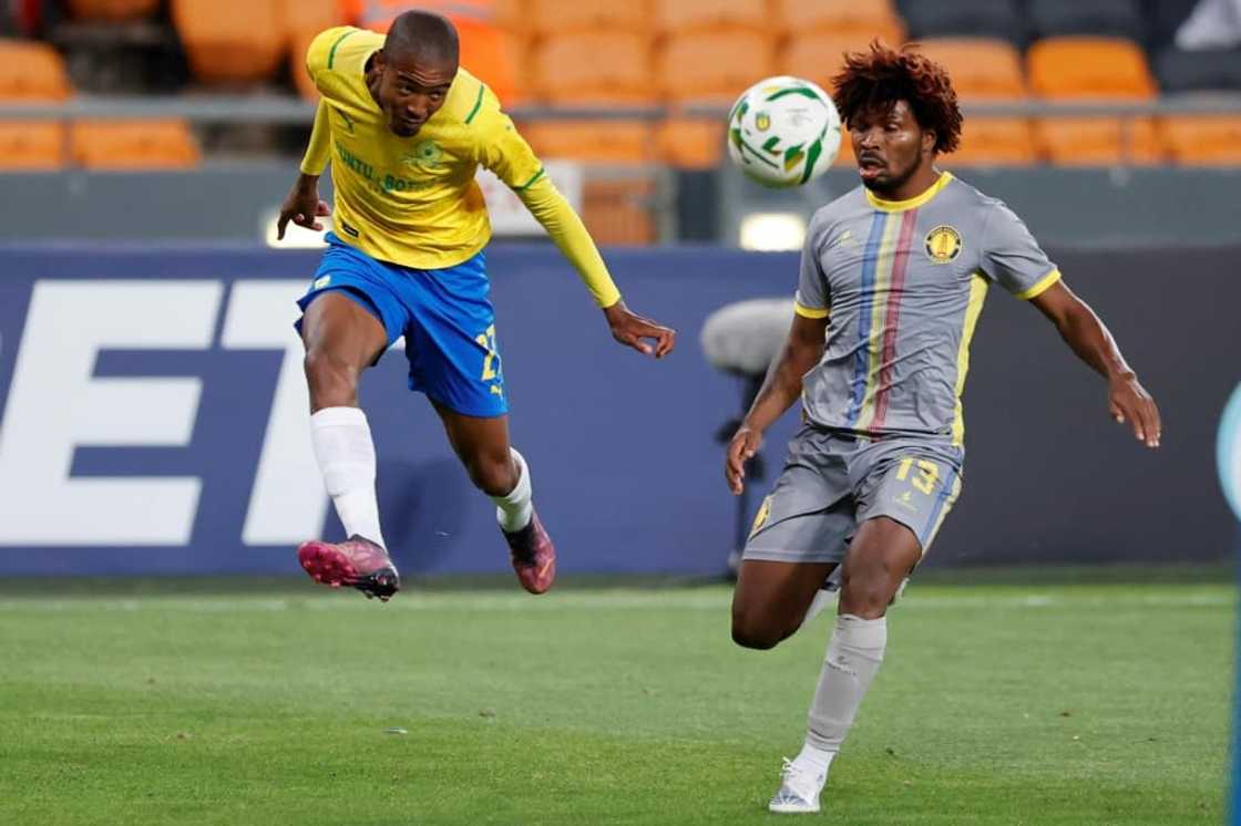 Thapelo Morena (L) opened the scoring for Mamelodi Sundowns of South Africa in an 8-1 rout of La Passe of the Seychelles in a CAF Champions League qualifier. Thapelo Morena (L) opened the scoring for Mamelodi Sundowns of South Africa in an 8-1 rout of La Passe of the Seychelles in a CAF Champions League qualifier.