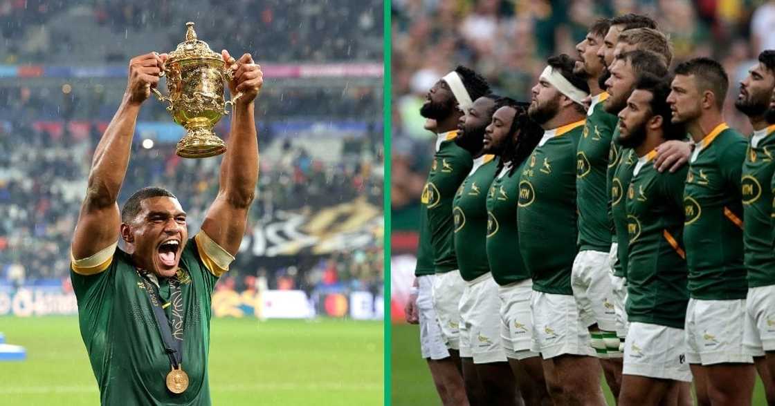 Damien Willemse lifting Webb Ellis Cup at Rugby World Cup 2023, Springboks team Damien Willemse lifting Webb Ellis Cup at Rugby World Cup 2023, Springboks team