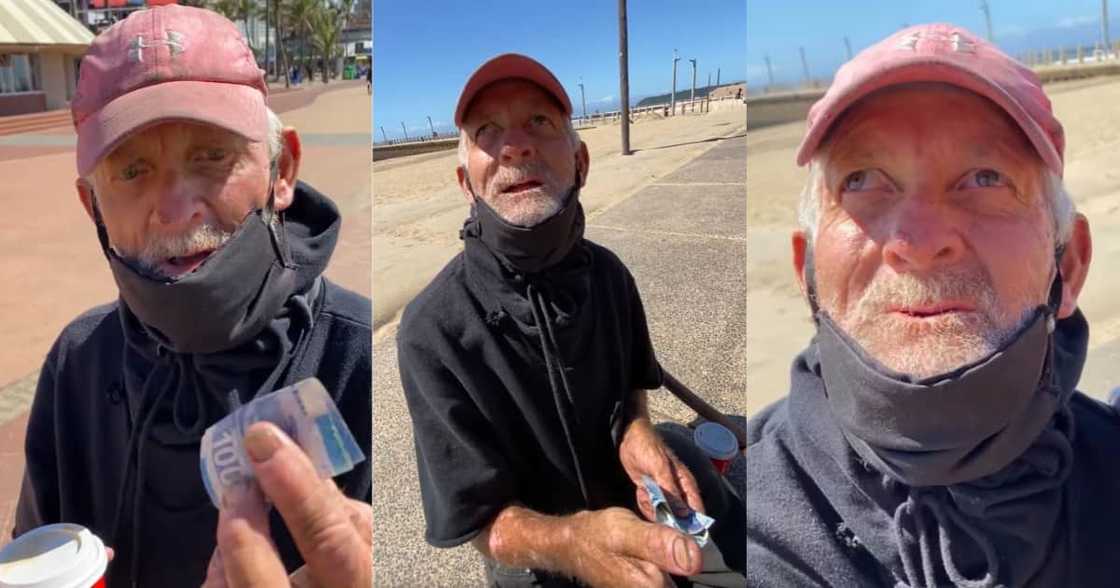 Bi Phakathi helps homeless man chasing torn R10 note, blesses him with over R1k