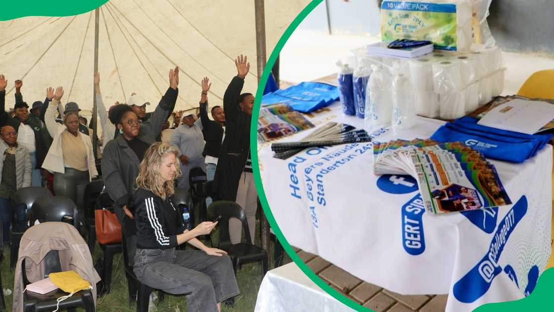 Gert Sibande College staff during a teambuilding exercise and branded college merchandise on a table Gert Sibande College staff during a teambuilding exercise and branded college merchandise on a table