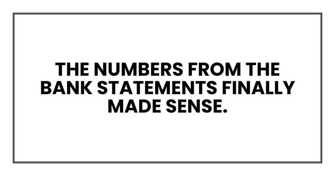The numbers from the bank statements finally made sense. The numbers from the bank statements finally made sense.