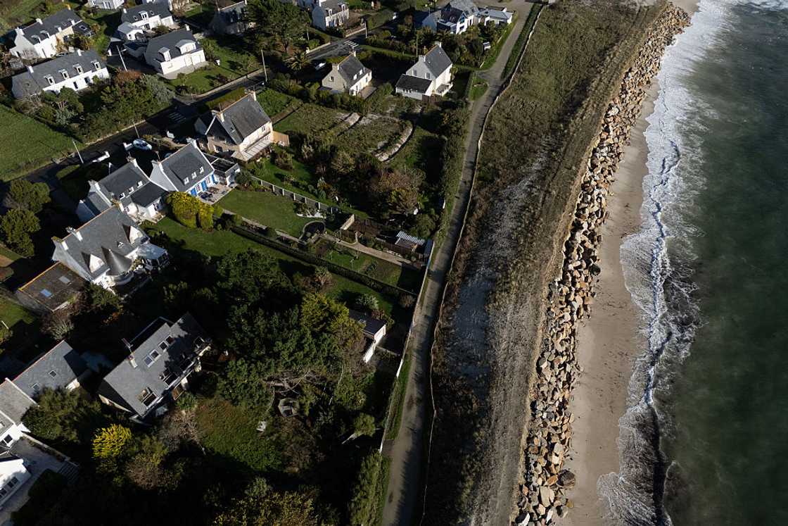 Sky view of the coastline in front of the Lehan neighborhood at Treffiagat