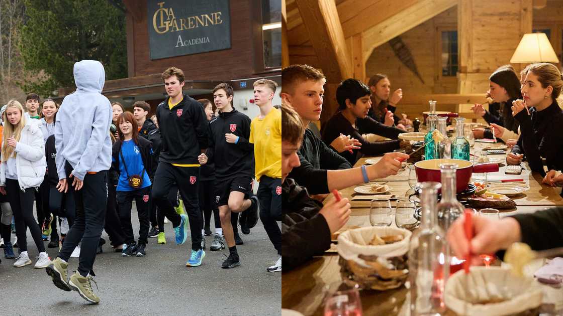 Students from La Garenne International School during a physical education class and during meal time