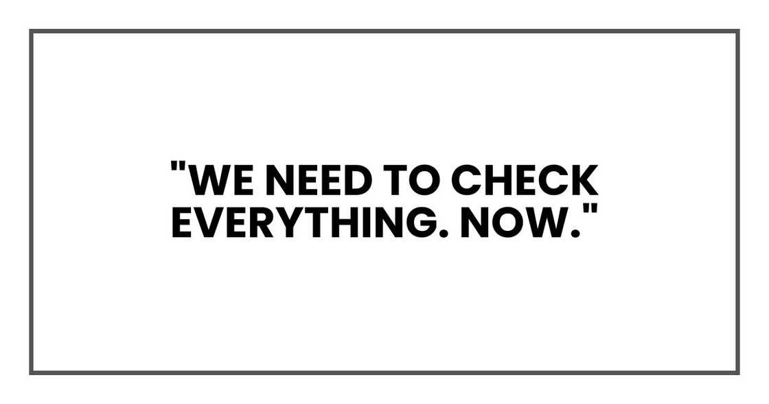 "We need to check everything. Now." "We need to check everything. Now."