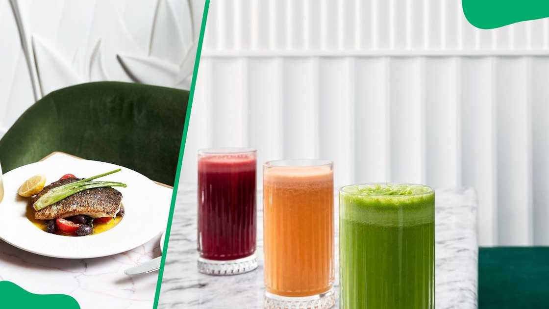 Roasted sea bass (L). Freshly blended juice (R) Roasted sea bass (L). Freshly blended juice (R)