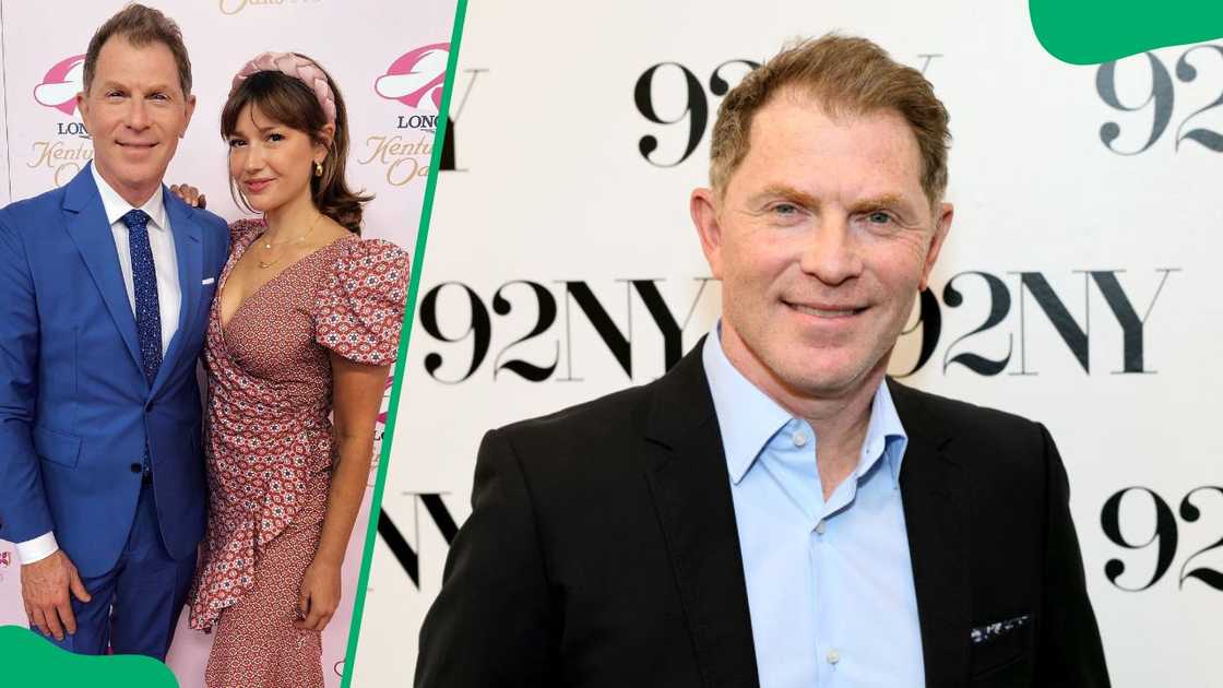 Bobby and Pérez during a 2022 horse running competition (L). Flay attending a show at 92NY in 2023 (R) Bobby and Pérez during a 2022 horse running competition (L). Flay attending a show at 92NY in 2023 (R)