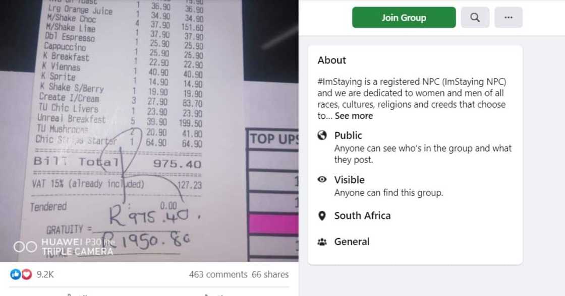 Waitress Nqobile Ngobese recently received a 100% tip from her customer. Image: Facebook Waitress Nqobile Ngobese recently received a 100% tip from her customer. Image: Facebook