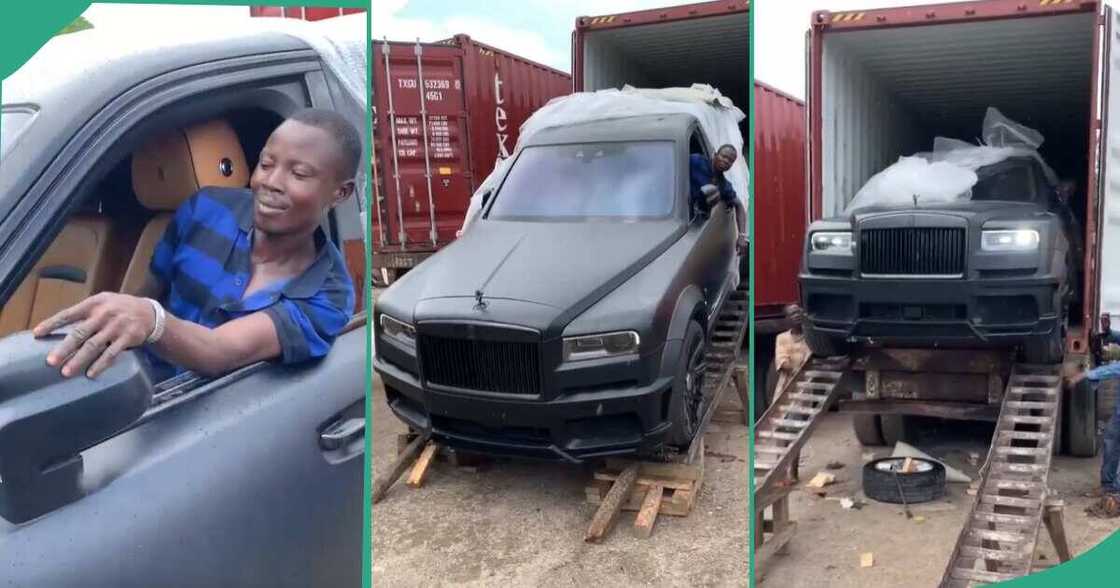 Man driving a Rolls Royce out of a container. Man driving a Rolls Royce out of a container.