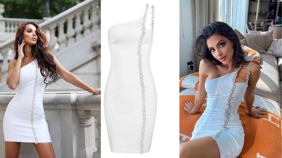 Backless one-shoulder ensemble with diamond straps Backless one-shoulder ensemble with diamond straps