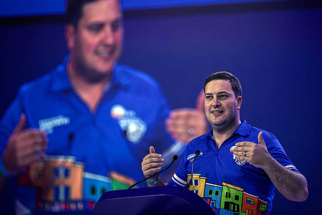 The Federal Leader of the Democratic Alliance (DA) party candidate Geordin Hill-Lewis speaks to delegates during the closure of day 1 of the Federal Congress 2026 on April 11, 2026