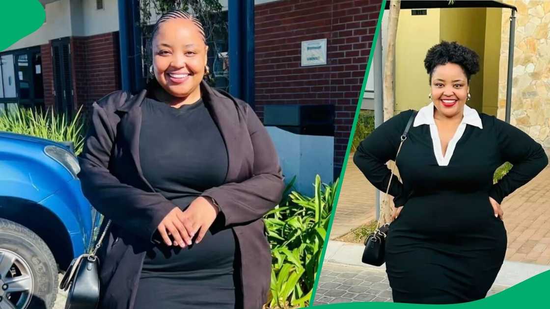 A TikTok video shows a woman unveiling her weight loss journey.