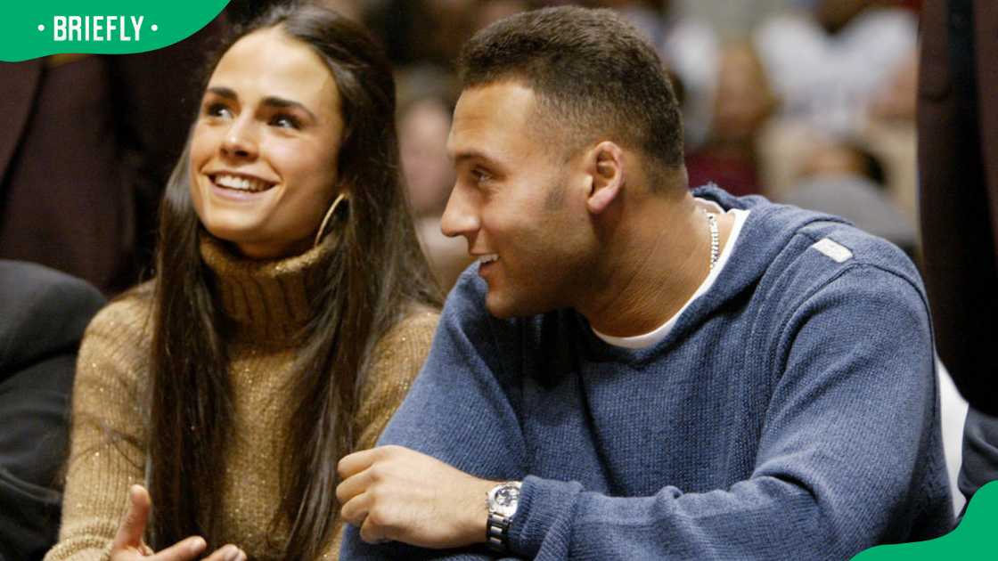 Derek Jeter and Jordana Brewster during a 2002 NBA game at Continental Airlines Arena Derek Jeter and Jordana Brewster during a 2002 NBA game at Continental Airlines Arena