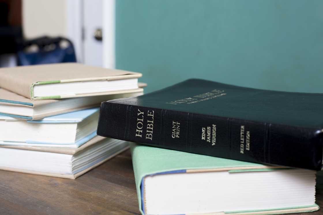 Stack of books with a black Holy Bible on top.