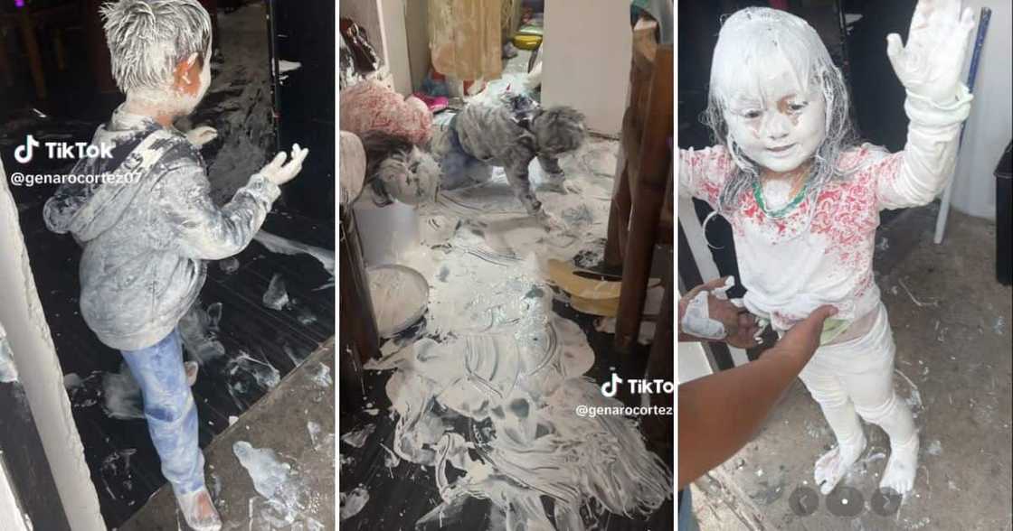 kids playing with white paint inside the house kids playing with white paint inside the house
