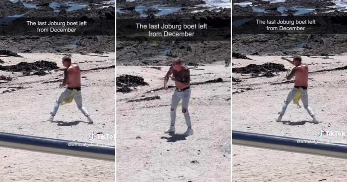 A guy shadowboxing on the beach in jeans A guy shadowboxing on the beach in jeans