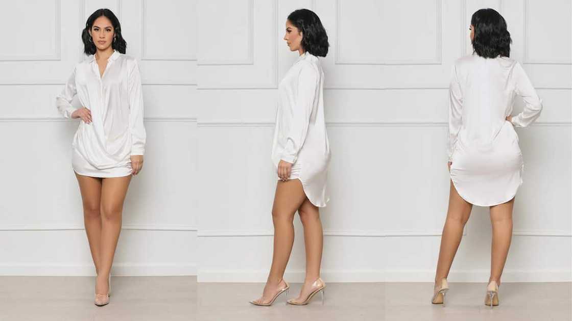 High-low wrap-shirt mini with a collared neckline and long sleeves