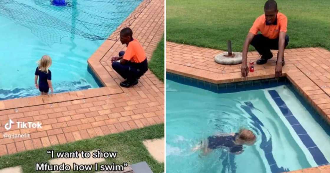 Durban toddler Pey shows courier driver Mfundo her swimming Durban toddler Pey shows courier driver Mfundo her swimming