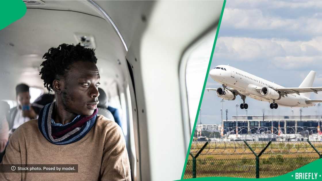 A man showed the damage on the plane he was travelling in. A man showed the damage on the plane he was travelling in.