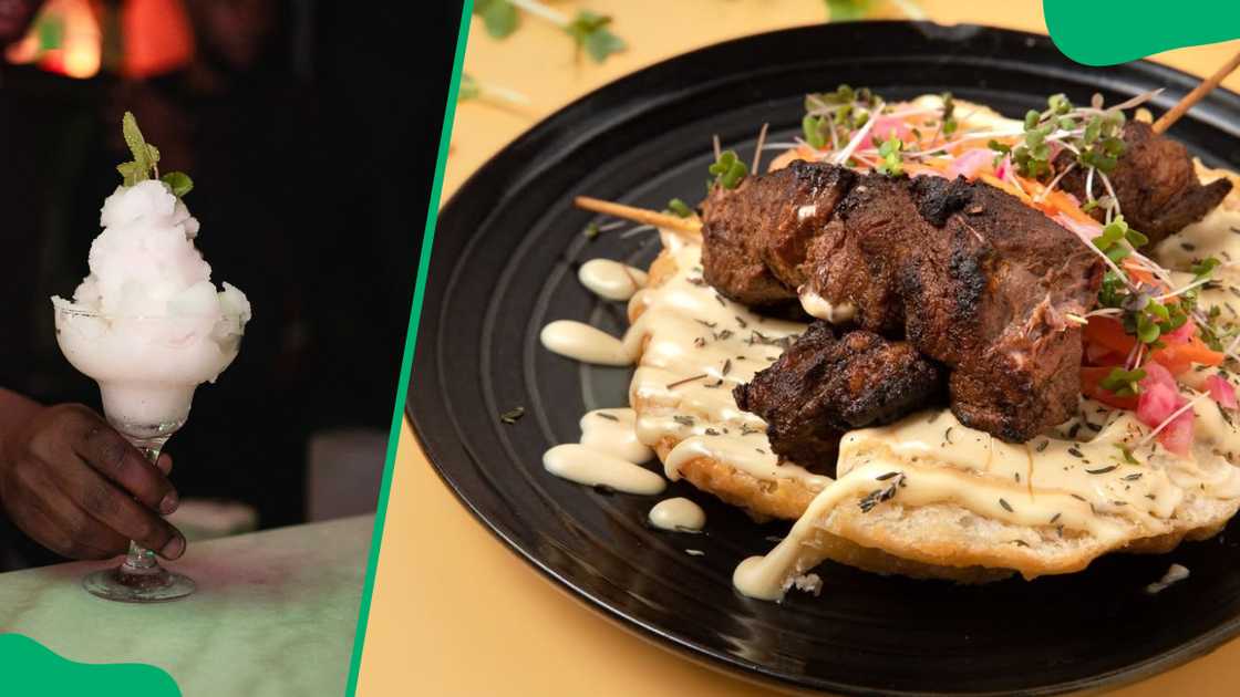 The restaurant's cocktail (L). Grilled lamb kebab on flatbread (R) The restaurant's cocktail (L). Grilled lamb kebab on flatbread (R)
