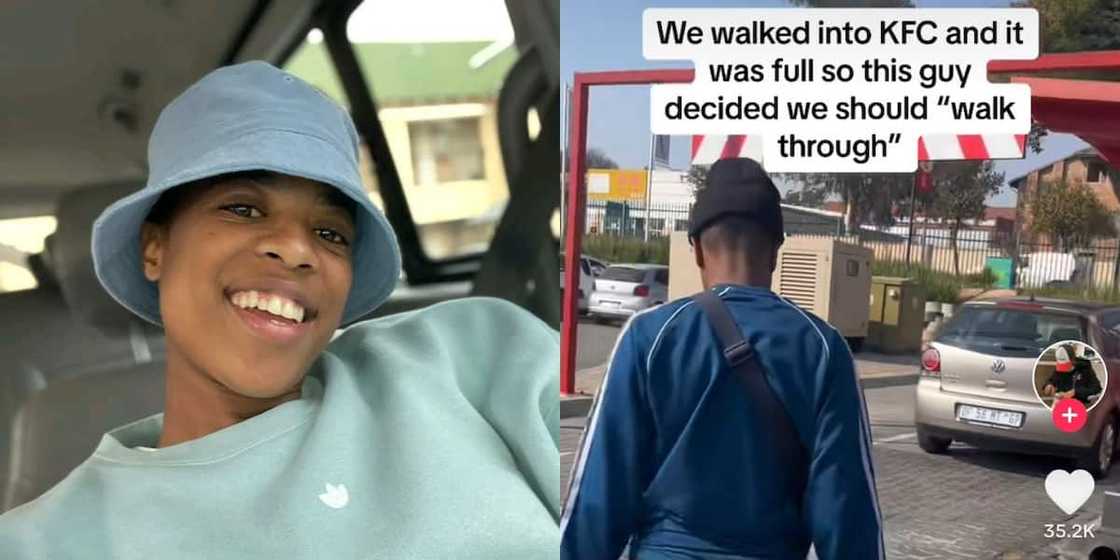 An unhappy KFC customer walked through the drive-thru to get her order. An unhappy KFC customer walked through the drive-thru to get her order.
