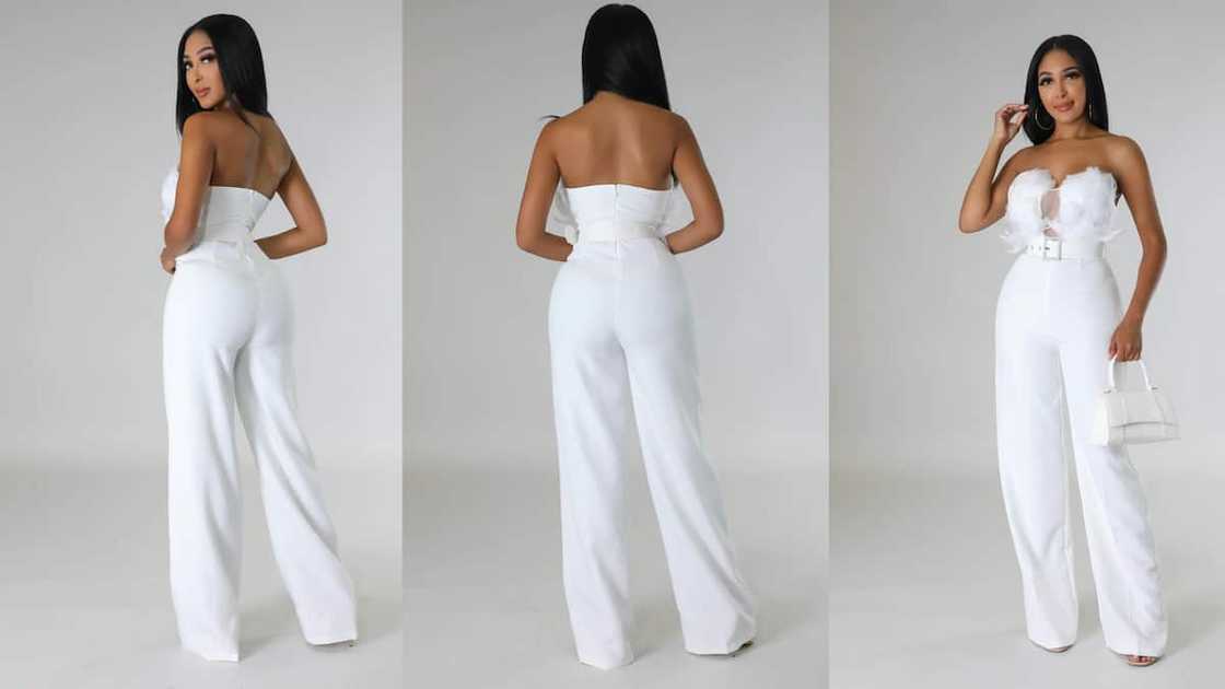 Wide-leg strapless jumsuit with faux feather detail and sweetheart neckline Wide-leg strapless jumsuit with faux feather detail and sweetheart neckline