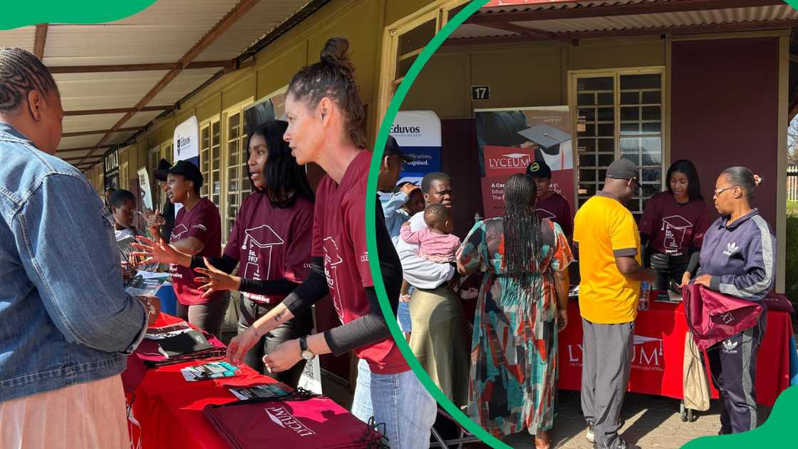 People visiting the Lyceum College stand during an expo People visiting the Lyceum College stand during an expo