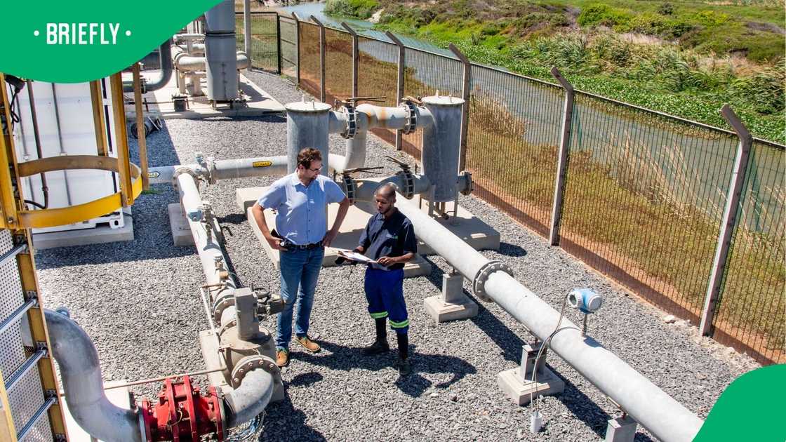 Aaron and Oliver stood among the network of pipes channeling methane from the landfill to the power plant Aaron and Oliver stood among the network of pipes channeling methane from the landfill to the power plant