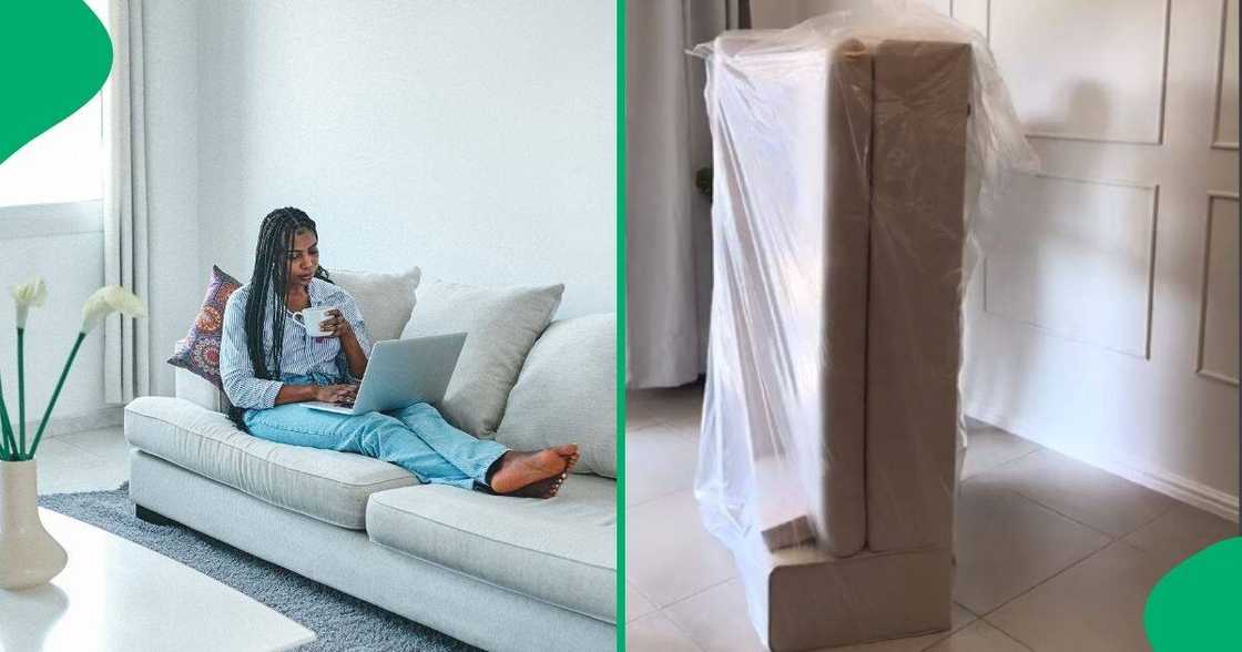 A South African woman shared her excitement about her new George and Mason Stacey Sectional couch from Takealot.