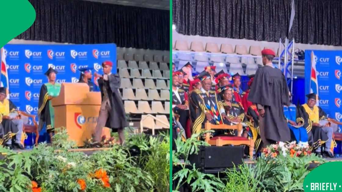 The image on the left showed the man proudly marching on stage The image on the left showed the man proudly marching on stage