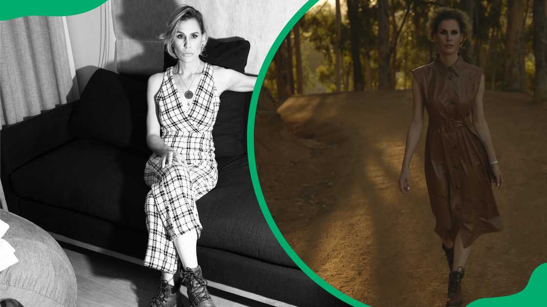 Odelle de Wet sits on a black couch in a checkered jumpsuit and she walks in a brown leather dress Odelle de Wet sits on a black couch in a checkered jumpsuit and she walks in a brown leather dress