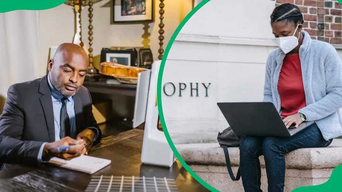 A man writting notes and a woman using a laptop to study