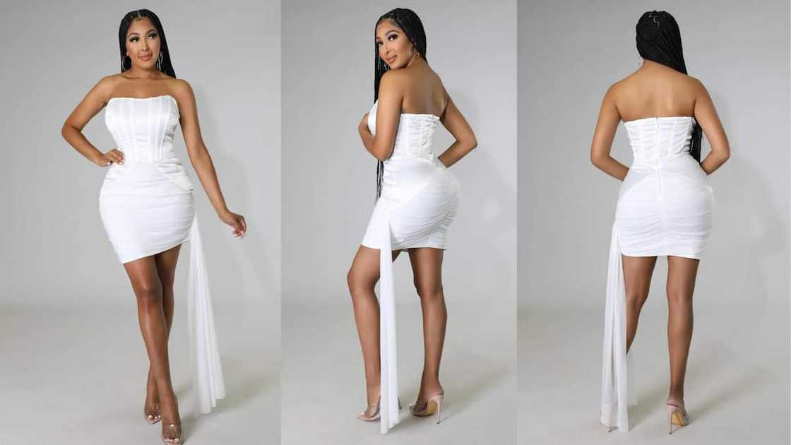 Ruched strapless mini with satin corset and boning details Ruched strapless mini with satin corset and boning details