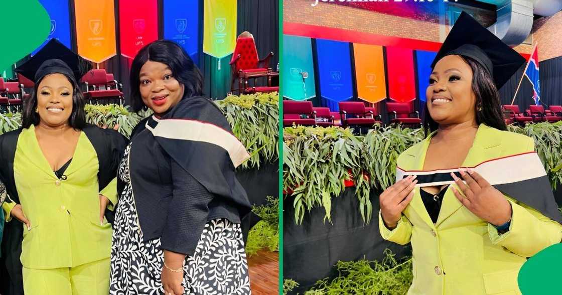 A graduate's aunt enthusiastically celebrated her achievement A graduate's aunt enthusiastically celebrated her achievement