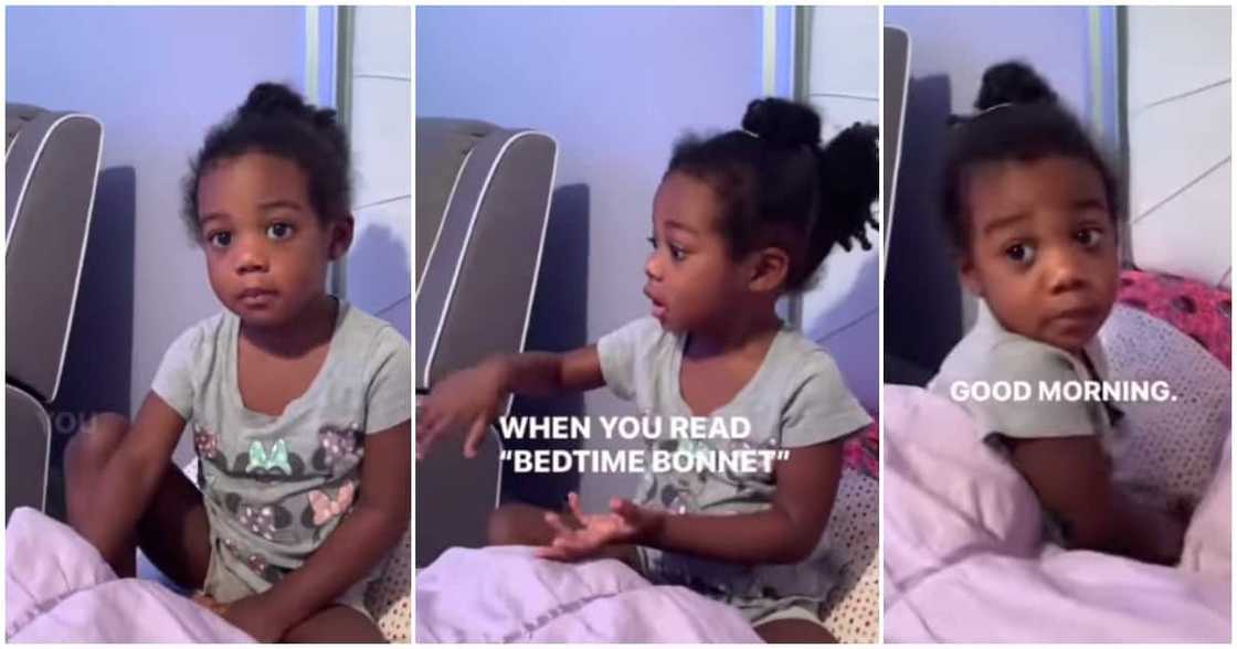 Little girl, sitting on her bed, knocks mum, dad Little girl, sitting on her bed, knocks mum, dad