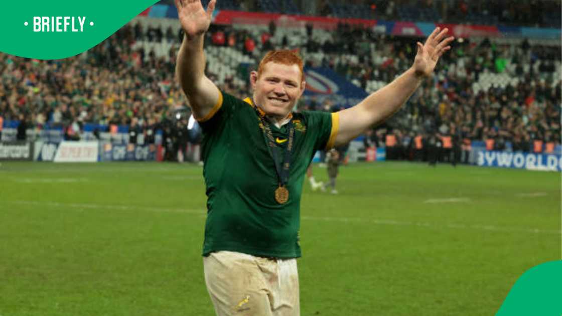 Steven Kitshoff celebrates with supporters after South Africa’s victory in the 2023 Rugby World Cup Final against New Zealand at Stade de France on October 28, 2023.