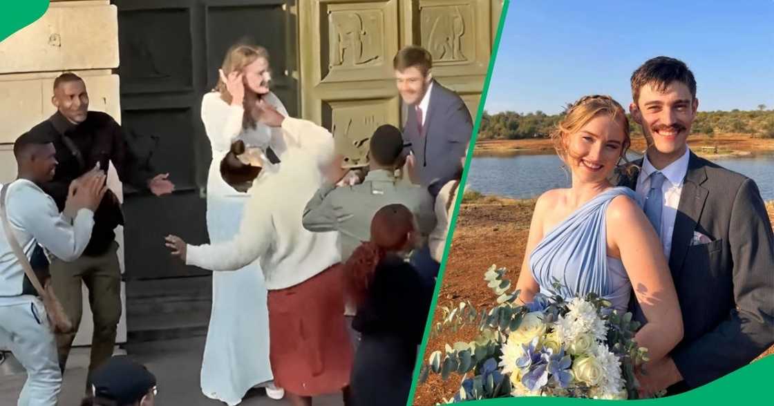 A group of strangers made the couple's wedding photoshoot special with their African songs. A group of strangers made the couple's wedding photoshoot special with their African songs.