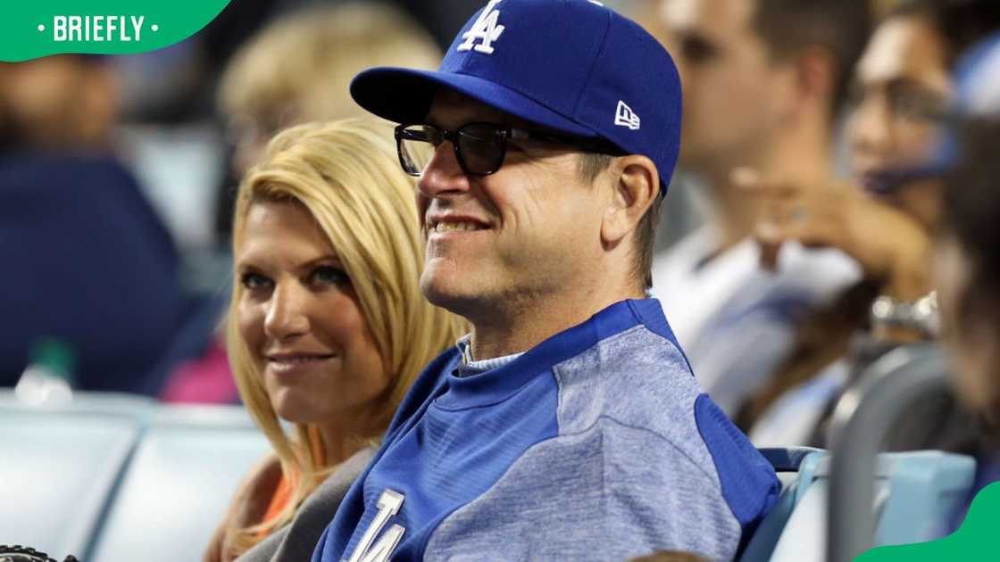 Jim Harbaugh and his wife, Sarah Feuerborn, at a 2017 Dodgers game in Los Angeles